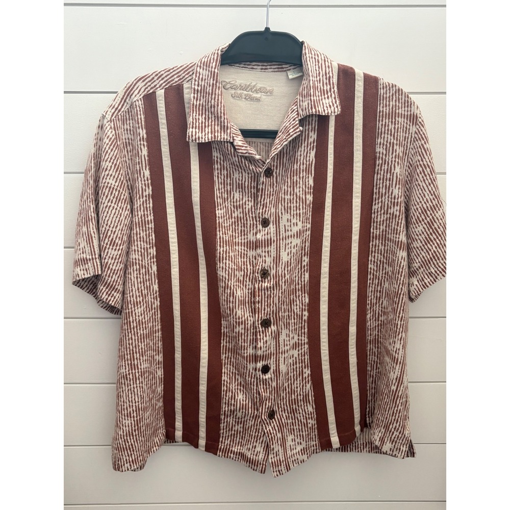Caribbean Silk Blend Men's Brown Striped Button Down Short‎ Sleeve Shirt Large